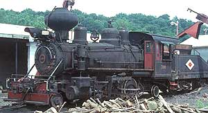 Steam locomotive in service next to a wood pile.