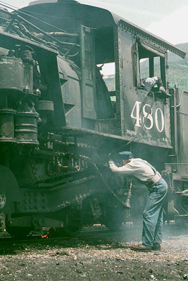 Intensive steam operations are their own kind of genuine preservation--No 480s's grates get a cleaning at Silverton; Erik Ledbetter